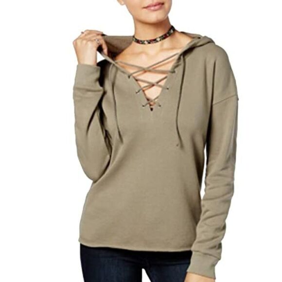 Ultra Flirt Army Green Lace Up V Neck French Terry Hoodie Sweatshirt Small - Picture 1 of 6